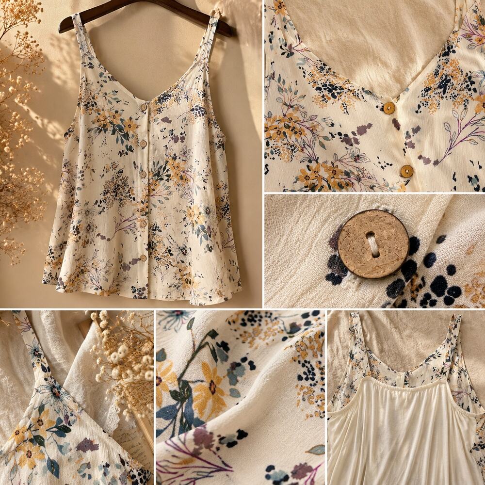 Floral Button Front Tank Top Women’s Size XL Boho Cottagecore Sleeveless Cami